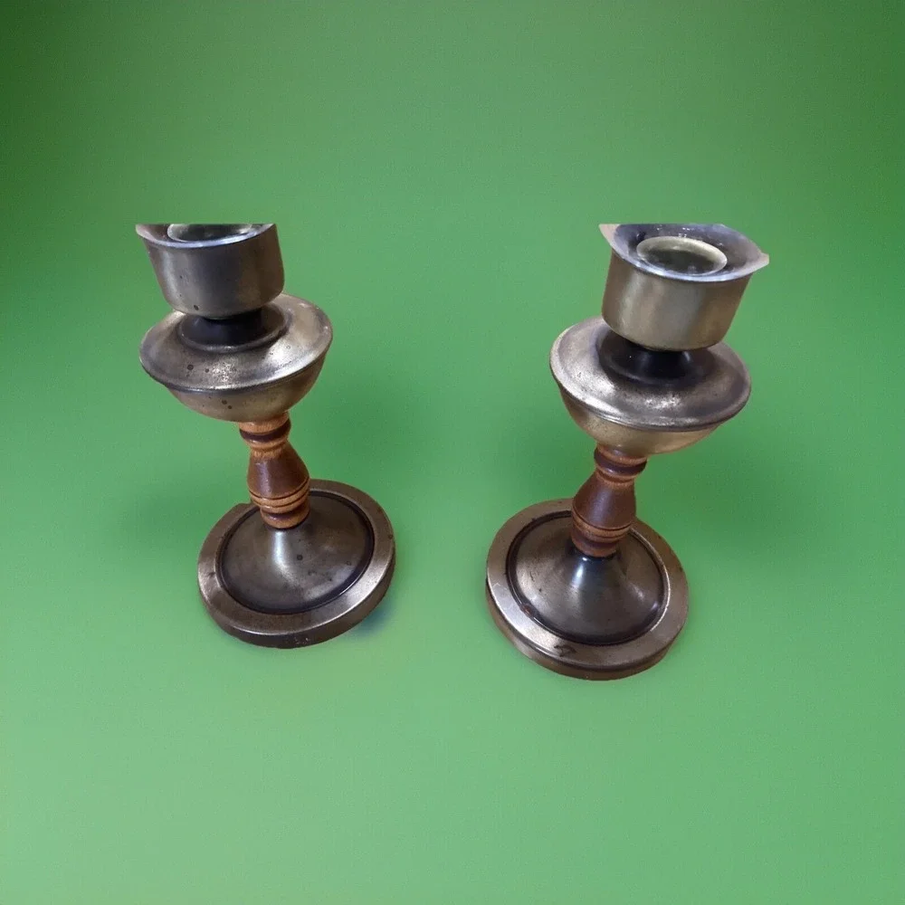 Pair Of 2 Vintage Brass Finish Wood And Glass Candle Holders 14
